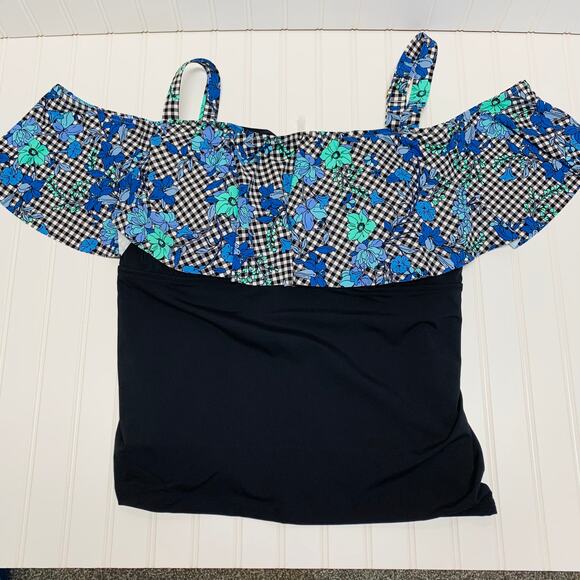 NWOT Lands' End Black Blue Gingham Floral  Ruffle Tankini Sz 44DD - Picture 1 of 7